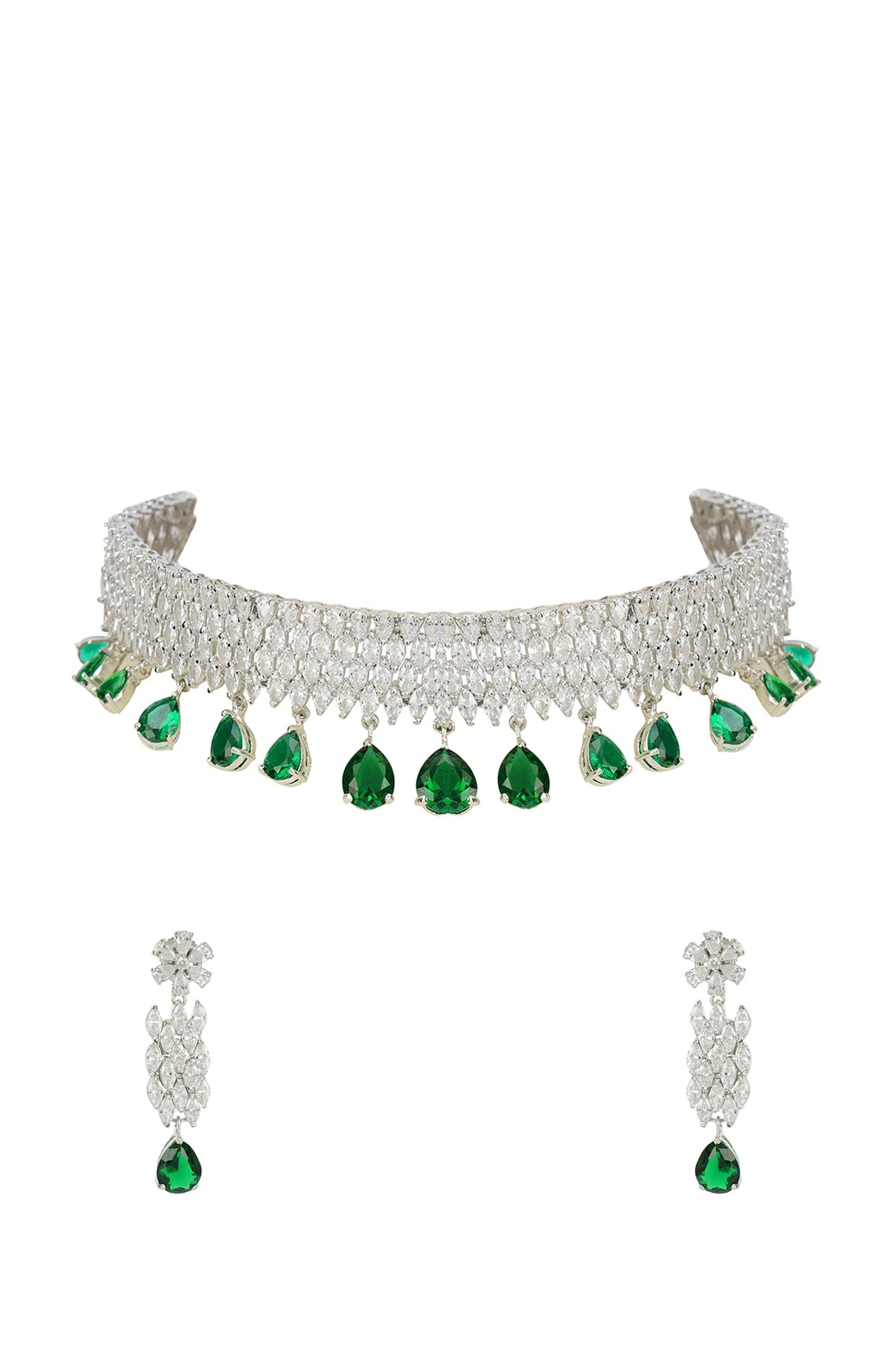 Silver Finish Green Semi Precious Stone Choker Necklace Set