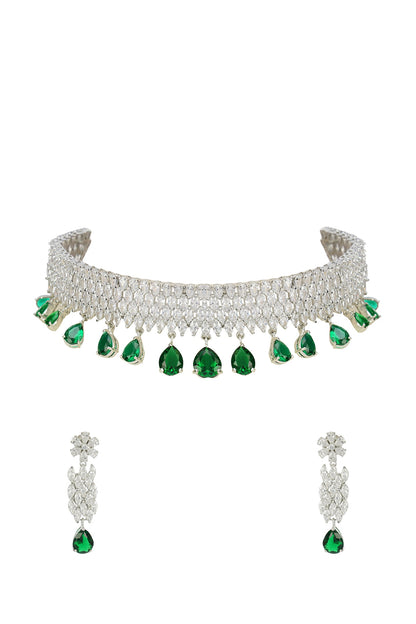 Silver Finish Green Semi Precious Stone Choker Necklace Set