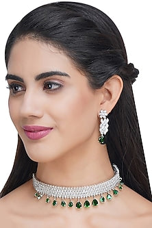 Silver Finish Green Semi Precious Stone Choker Necklace Set