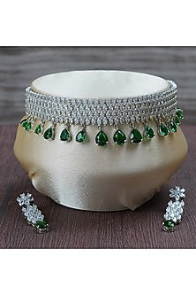 Silver Finish Green Semi Precious Stone Choker Necklace Set