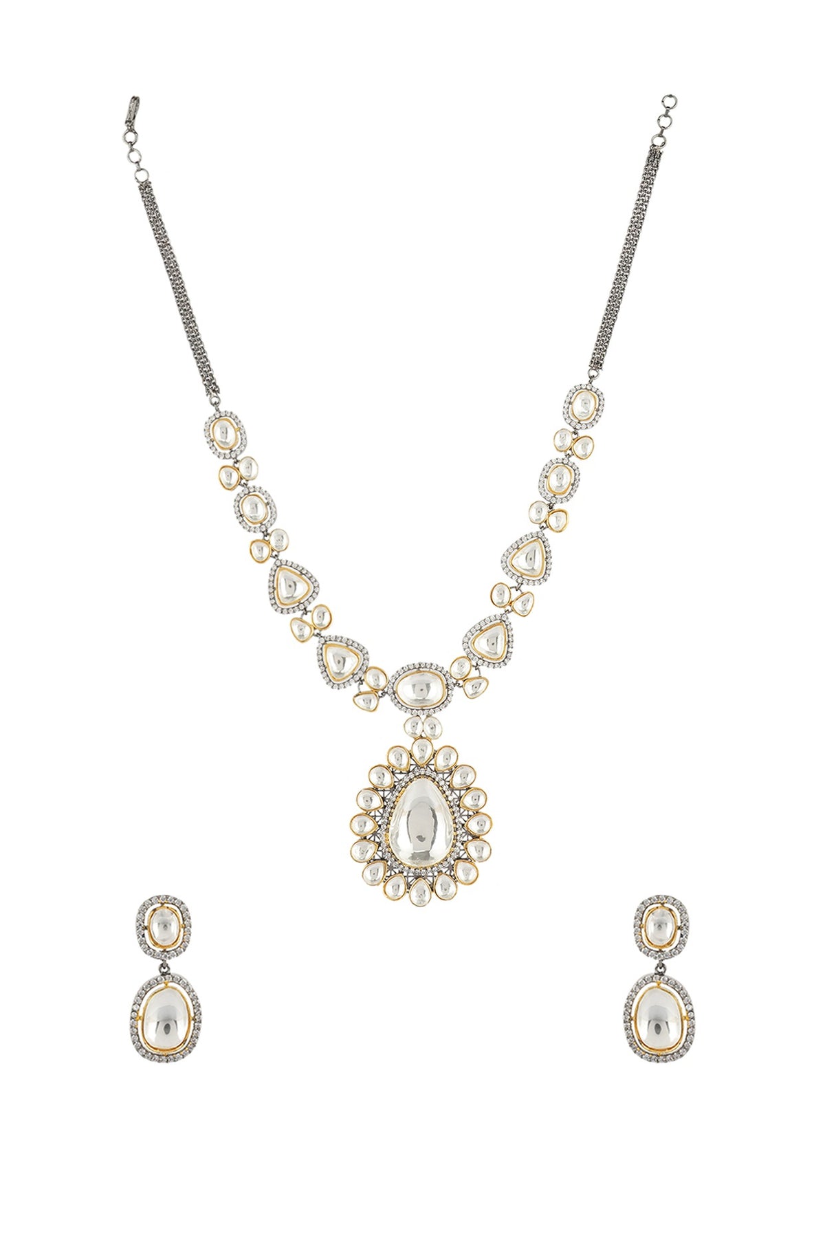 Two Tone Finish Kundan Polki Long Necklace Set