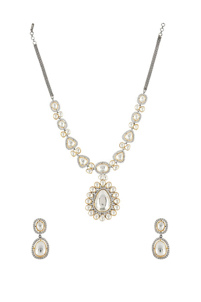 Two Tone Finish Kundan Polki Long Necklace Set
