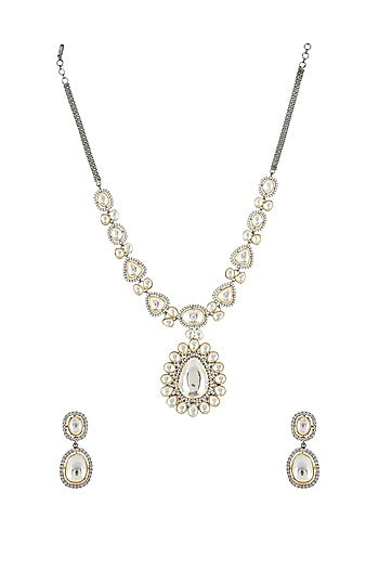 Two Tone Finish Kundan Polki Long Necklace Set