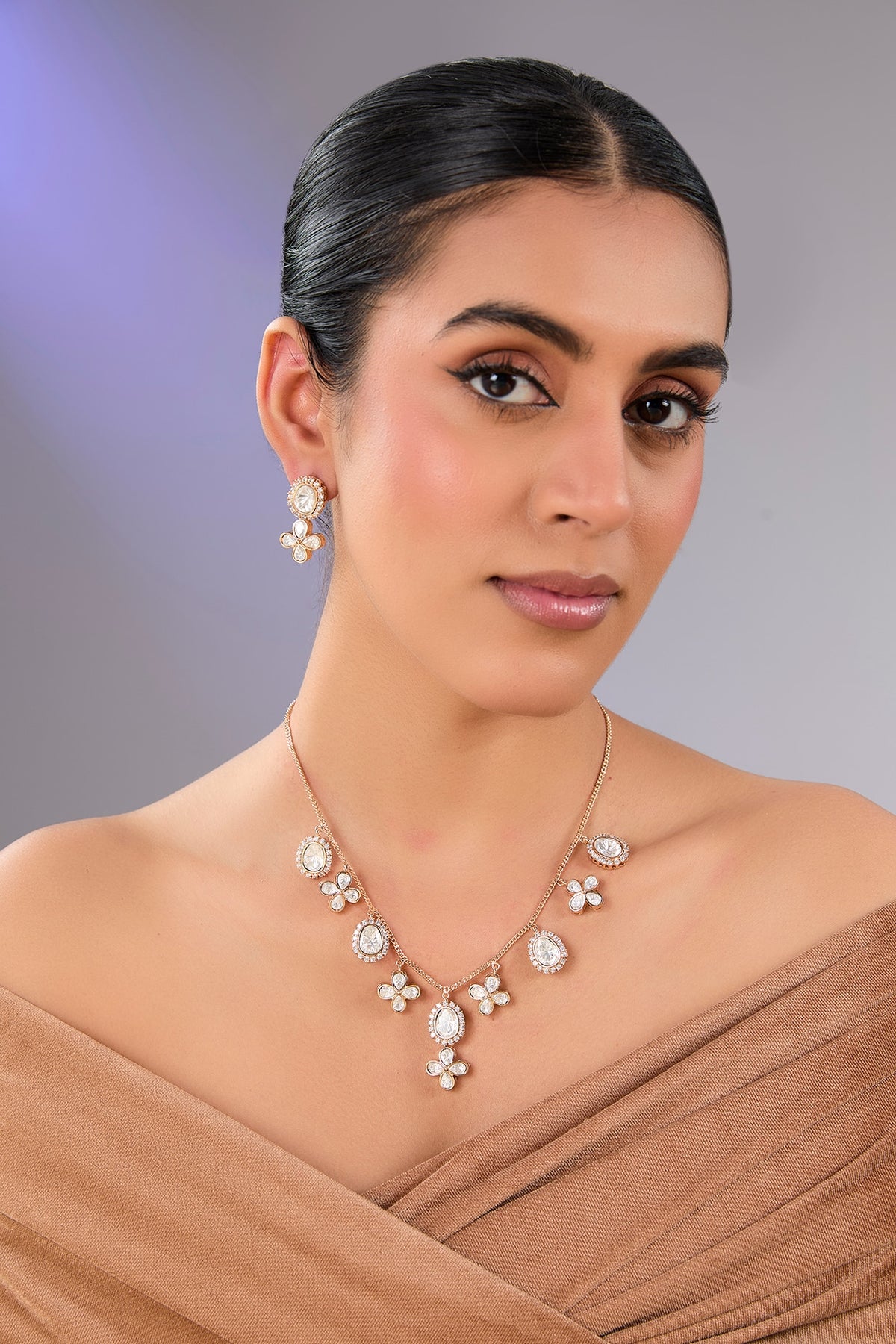 Gold Finish Kundan Polki & Pearl Floral Necklace Set