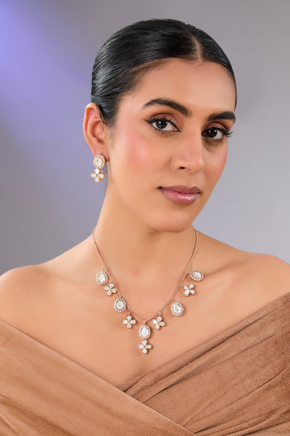 Gold Finish Kundan Polki & Pearl Floral Necklace Set