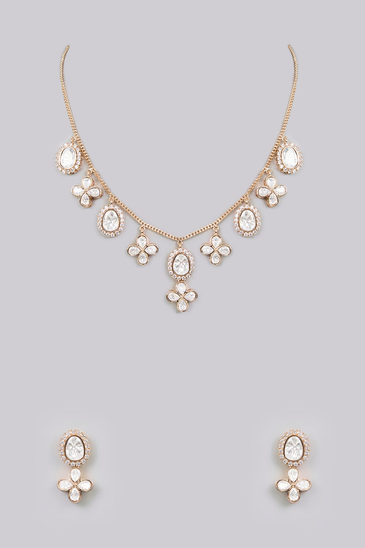 Gold Finish Kundan Polki & Pearl Floral Necklace Set