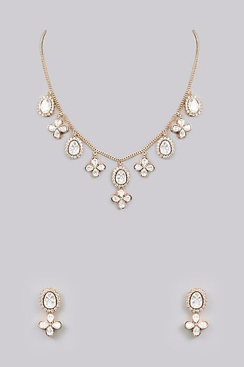 Gold Finish Kundan Polki & Pearl Floral Necklace Set