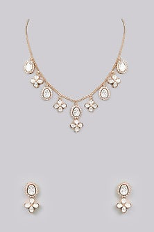 Gold Finish Kundan Polki & Pearl Floral Necklace Set