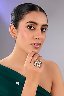 Gold Finish Beaded & Stone Ring