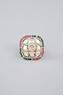 Gold Finish Beaded & Stone Ring