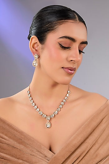 Gold Finish Kundan Polki & Pearl Necklace Set