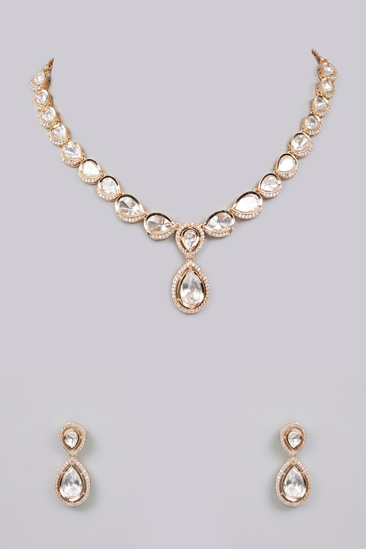 Gold Finish Kundan Polki & Pearl Necklace Set