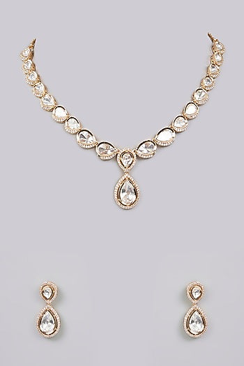 Gold Finish Kundan Polki & Pearl Necklace Set