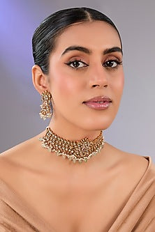 Gold Finish Kundan Polki & Pearl Choker Necklace Set