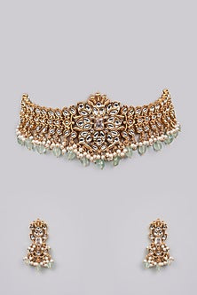 Gold Finish Kundan Polki & Pearl Choker Necklace Set