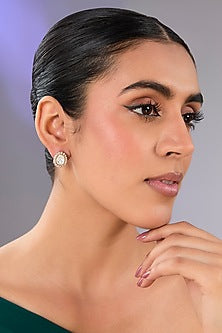 Gold Finish Green Kundan Polki & Pearl Stud Earrings