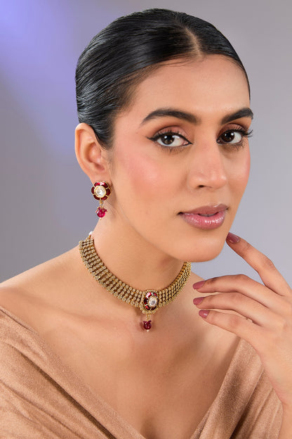 Gold Finish Kundan Polki Choker Necklace Set