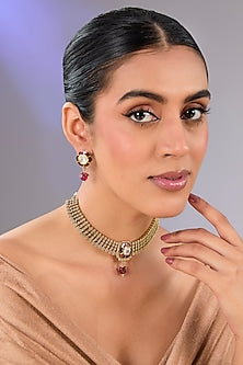 Gold Finish Kundan Polki Choker Necklace Set