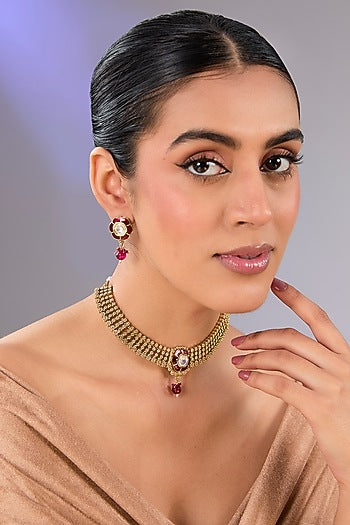 Gold Finish Kundan Polki Choker Necklace Set