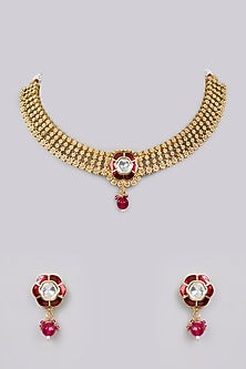 Gold Finish Kundan Polki Choker Necklace Set
