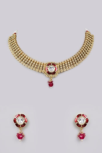 Gold Finish Kundan Polki Choker Necklace Set