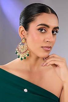 Gold Finish Green Stone & Kundan Polki Earrings