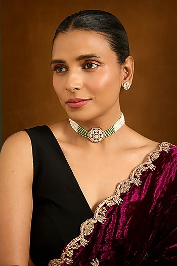 Gold Finish Pearl & Zircon Choker Necklace Set