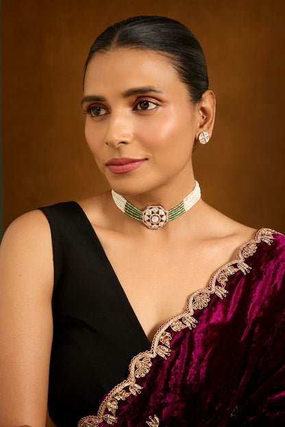 Gold Finish Pearl & Zircon Choker Necklace Set