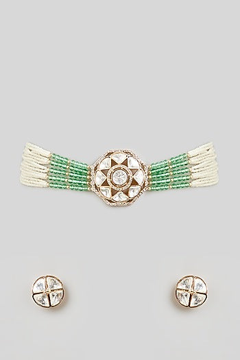 Gold Finish Pearl & Zircon Choker Necklace Set