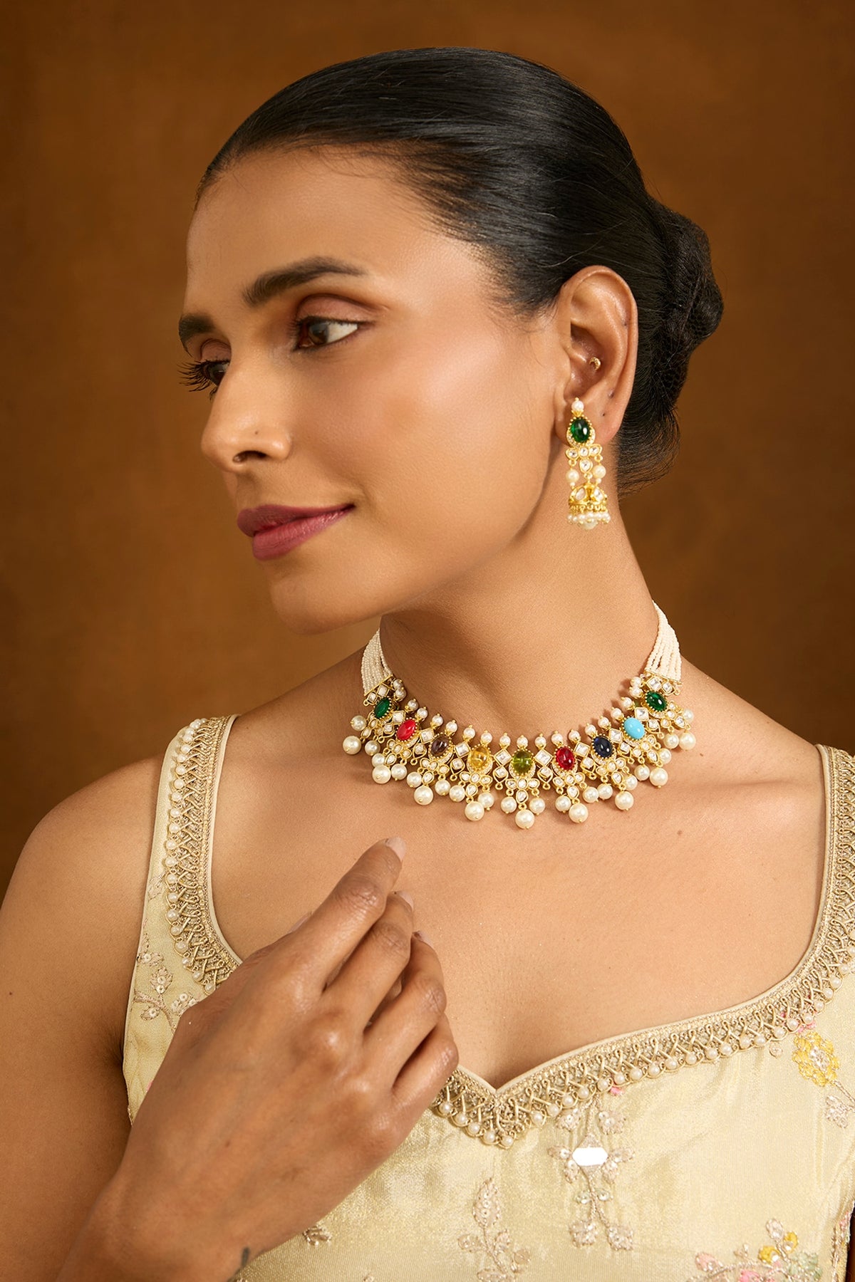 Gold Finish Multi-Colored Stone & Pearl Drop Choker Necklace Set
