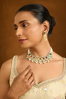 Gold Finish Multi-Colored Stone & Pearl Drop Choker Necklace Set
