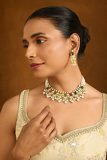 Gold Finish Multi-Colored Stone & Pearl Drop Choker Necklace Set