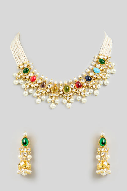Gold Finish Multi-Colored Stone & Pearl Drop Choker Necklace Set