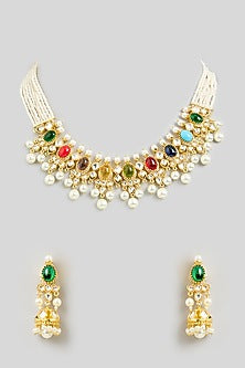 Gold Finish Multi-Colored Stone & Pearl Drop Choker Necklace Set
