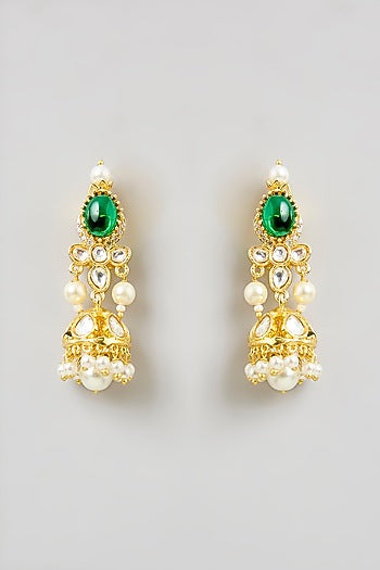 Gold Finish Multi-Colored Stone & Pearl Drop Choker Necklace Set