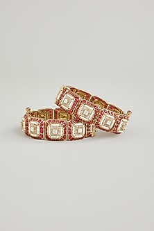 Gold Finish Kundan Polki & Red Gemstone Bangles (Set Of 2)
