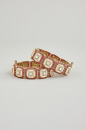Gold Finish Kundan Polki & Red Gemstone Bangles (Set Of 2)