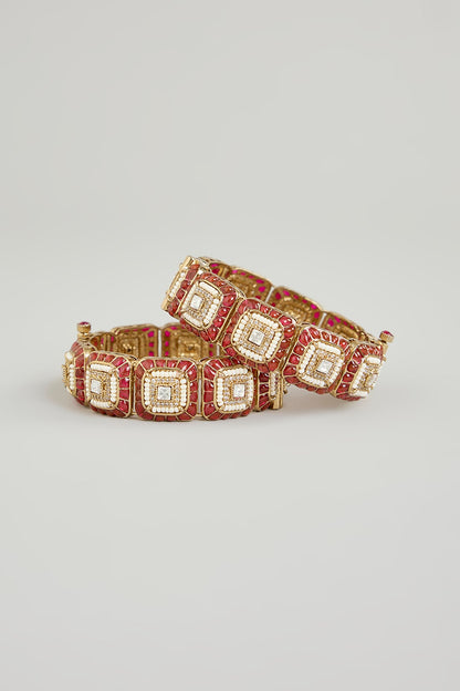 Gold Finish Kundan Polki & Red Gemstone Bangles (Set Of 2)