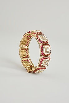 Gold Finish Kundan Polki & Red Gemstone Bangles (Set Of 2)