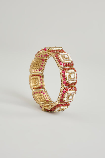 Gold Finish Kundan Polki & Red Gemstone Bangles (Set Of 2)