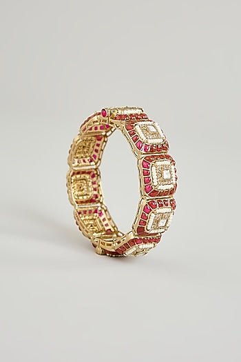 Gold Finish Kundan Polki & Red Gemstone Bangles (Set Of 2)