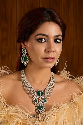 Gold Finish Emerald Green Cubic Zirconia Necklace Set
