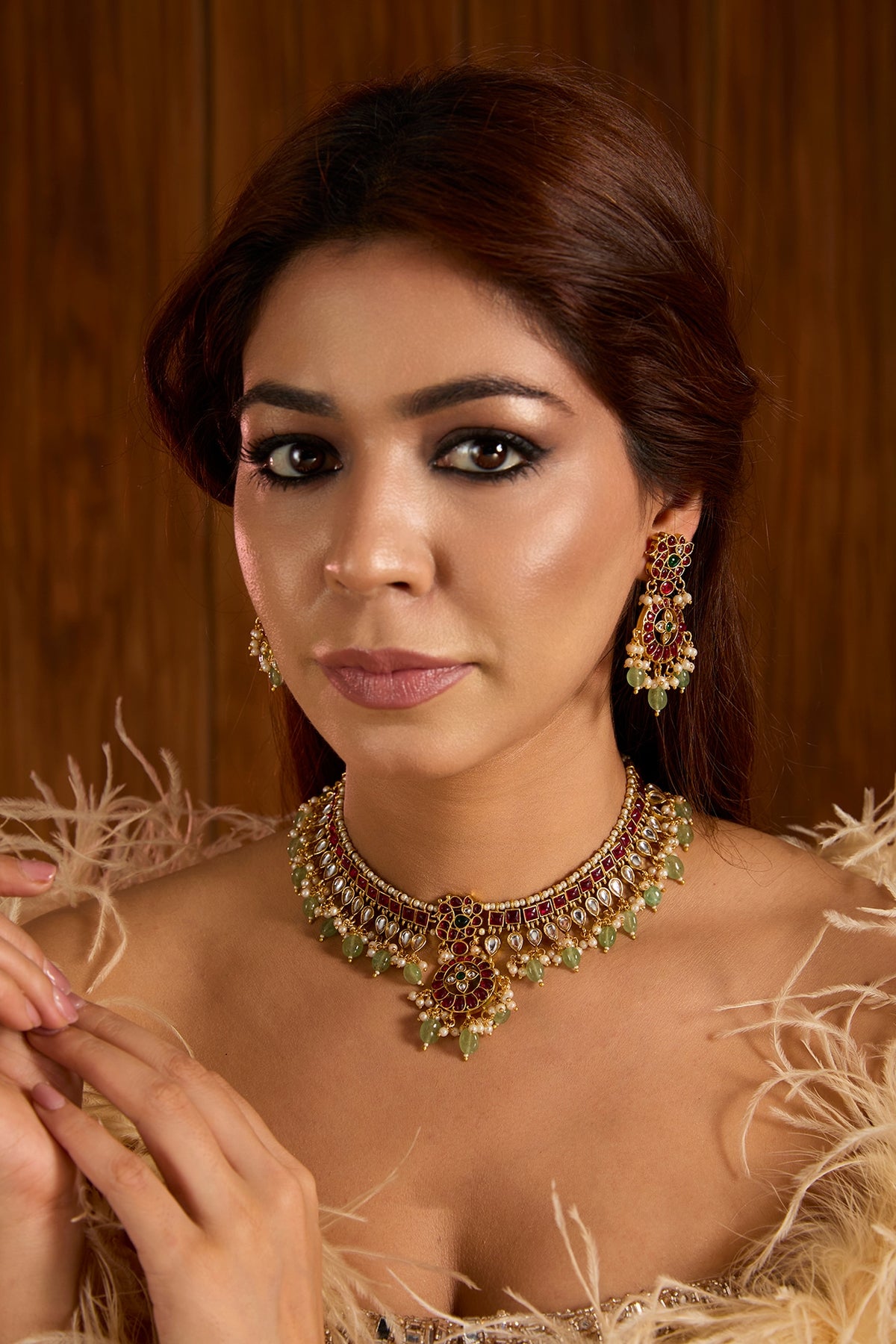 Gold Finish Multi-Colored Kundan Polki Choker Necklace Set
