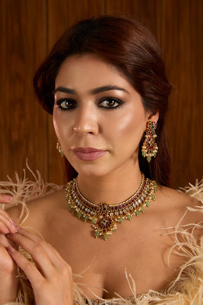Gold Finish Multi-Colored Kundan Polki Choker Necklace Set