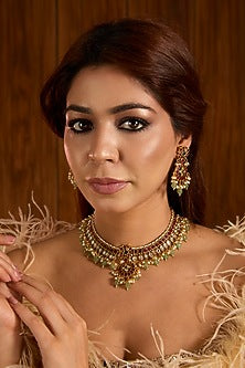 Gold Finish Multi-Colored Kundan Polki Choker Necklace Set
