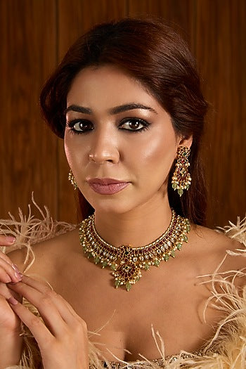Gold Finish Multi-Colored Kundan Polki Choker Necklace Set