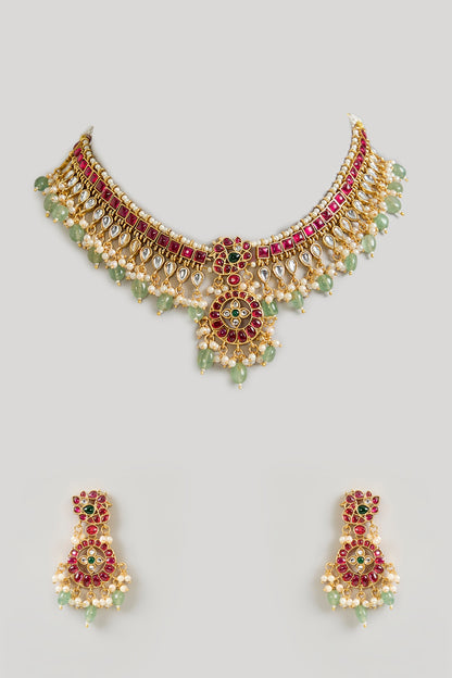 Gold Finish Multi-Colored Kundan Polki Choker Necklace Set