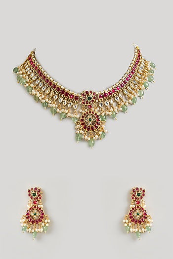 Gold Finish Multi-Colored Kundan Polki Choker Necklace Set