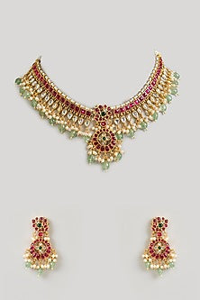 Gold Finish Multi-Colored Kundan Polki Choker Necklace Set