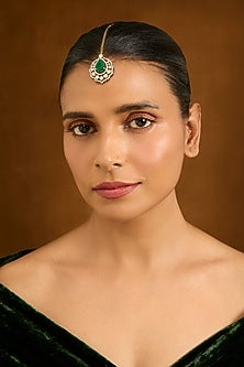 Gold Finish Kundan Polki & Green Gemstone Maangtikka